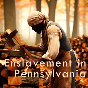 A Black man in colonial garb chops wood on a Pennsylvania plantation.